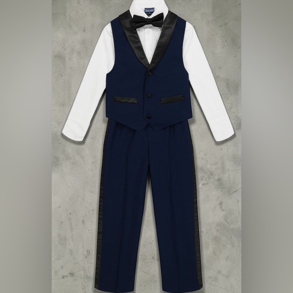 NWT Nautica Big Boys Tuxedo Button Up Shirt, Vest, Bow Tie and Pants Set Size 7